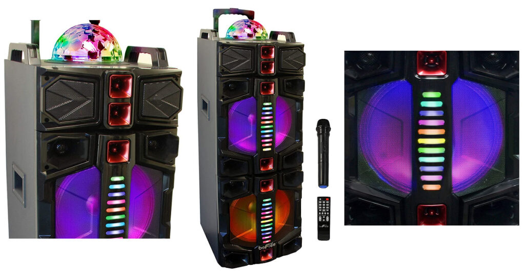 Portable speaker with LED lights and microphone